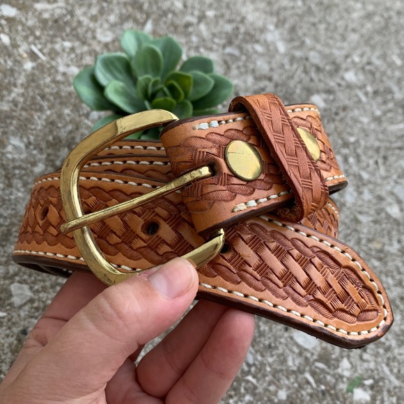 Triple K Vintage Tooled Leather Western Rodeo Outlaw Hidden Zipper Money Belt - Picture 2 of 12